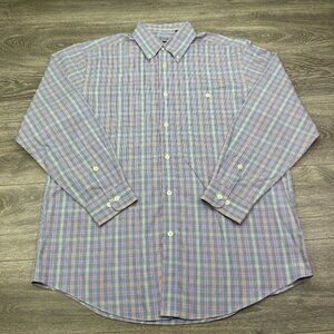 Orvis Dress Shirt Men's Large Blue Plaid Geometric Button Up Oxford Long Sleeve